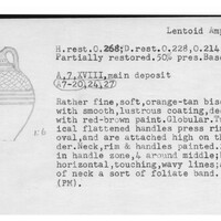 Index card with typed and handwritten information, sometimes including a sketch, of pottery from an excavation.