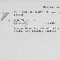 Index card with typed and handwritten information, sometimes including a sketch, of pottery from an excavation.