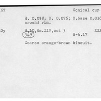 Index card with typed and handwritten information, sometimes including a sketch, of pottery from an excavation.