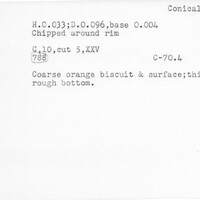 Index card with typed and handwritten information, sometimes including a sketch, of pottery from an excavation.