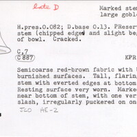 Index card with typed and handwritten information, sometimes including a sketch, of pottery from an excavation.