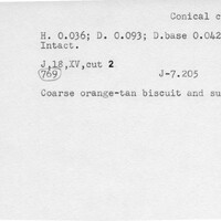 Index card with typed and handwritten information, sometimes including a sketch, of pottery from an excavation.