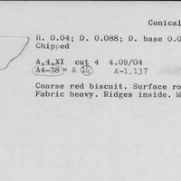 Index card with typed and handwritten information, sometimes including a sketch, of pottery from an excavation.