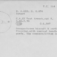 Index card with typed and handwritten information, sometimes including a sketch, of pottery from an excavation.