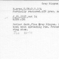 Index card with typed and handwritten information, sometimes including a sketch, of pottery from an excavation.