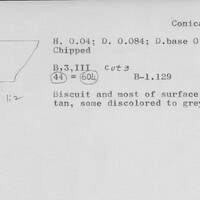 Index card with typed and handwritten information, sometimes including a sketch, of pottery from an excavation.