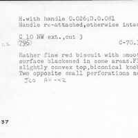 Index card with typed and handwritten information, sometimes including a sketch, of pottery from an excavation.