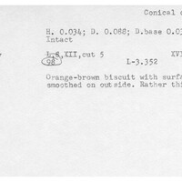 Index card with typed and handwritten information, sometimes including a sketch, of pottery from an excavation.