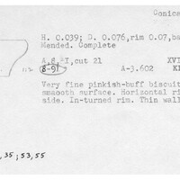 Index card with typed and handwritten information, sometimes including a sketch, of pottery from an excavation.