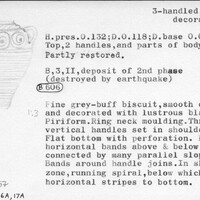 Index card with typed and handwritten information, sometimes including a sketch, of pottery from an excavation.