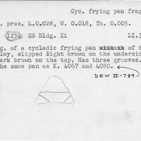 Index card with typed and handwritten information, sometimes including a sketch, of pottery from an excavation.
