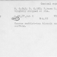 Index card with typed and handwritten information, sometimes including a sketch, of pottery from an excavation.