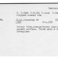 Index card with typed and handwritten information, sometimes including a sketch, of pottery from an excavation.