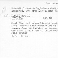 Index card with typed and handwritten information, sometimes including a sketch, of pottery from an excavation.