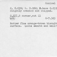 Index card with typed and handwritten information, sometimes including a sketch, of pottery from an excavation.