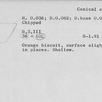 Index card with typed and handwritten information, sometimes including a sketch, of pottery from an excavation.