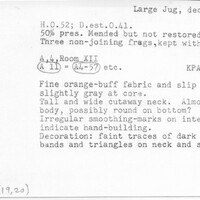 Index card with typed and handwritten information, sometimes including a sketch, of pottery from an excavation.
