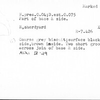 Index card with typed and handwritten information, sometimes including a sketch, of pottery from an excavation.