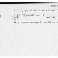 Index card with typed and handwritten information, sometimes including a sketch, of pottery from an excavation.
