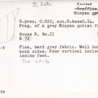 Index card with typed and handwritten information, sometimes including a sketch, of pottery from an excavation.
