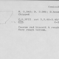 Index card with typed and handwritten information, sometimes including a sketch, of pottery from an excavation.