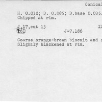 Index card with typed and handwritten information, sometimes including a sketch, of pottery from an excavation.