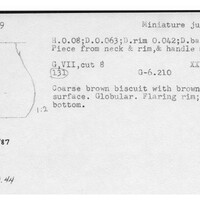 Index card with typed and handwritten information, sometimes including a sketch, of pottery from an excavation.
