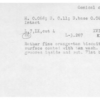 Index card with typed and handwritten information, sometimes including a sketch, of pottery from an excavation.