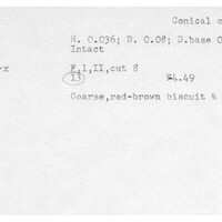 Index card with typed and handwritten information, sometimes including a sketch, of pottery from an excavation.