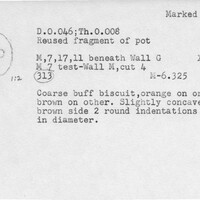 Index card with typed and handwritten information, sometimes including a sketch, of pottery from an excavation.