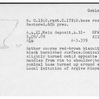 Index card with typed and handwritten information, sometimes including a sketch, of pottery from an excavation.