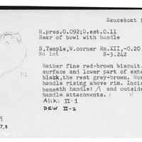 Index card with typed and handwritten information, sometimes including a sketch, of pottery from an excavation.
