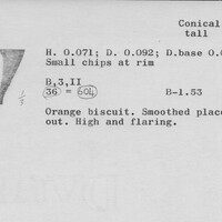 Index card with typed and handwritten information, sometimes including a sketch, of pottery from an excavation.