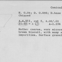Index card with typed and handwritten information, sometimes including a sketch, of pottery from an excavation.