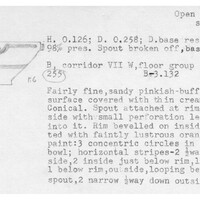 Index card with typed and handwritten information, sometimes including a sketch, of pottery from an excavation.