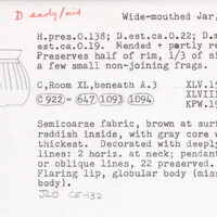 Index card with typed and handwritten information, sometimes including a sketch, of pottery from an excavation.
