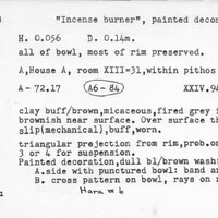 Index card with typed and handwritten information, sometimes including a sketch, of pottery from an excavation.