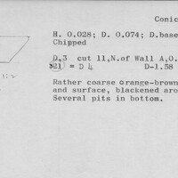 Index card with typed and handwritten information, sometimes including a sketch, of pottery from an excavation.