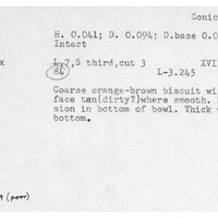 Index card with typed and handwritten information, sometimes including a sketch, of pottery from an excavation.