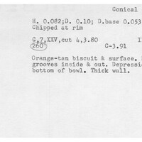 Index card with typed and handwritten information, sometimes including a sketch, of pottery from an excavation.