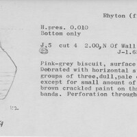 Index card with typed and handwritten information, sometimes including a sketch, of pottery from an excavation.