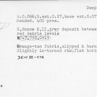Index card with typed and handwritten information, sometimes including a sketch, of pottery from an excavation.