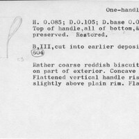 Index card with typed and handwritten information, sometimes including a sketch, of pottery from an excavation.