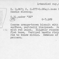 Index card with typed and handwritten information, sometimes including a sketch, of pottery from an excavation.