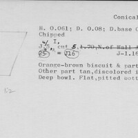 Index card with typed and handwritten information, sometimes including a sketch, of pottery from an excavation.