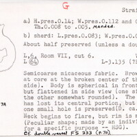 Index card with typed and handwritten information, sometimes including a sketch, of pottery from an excavation.