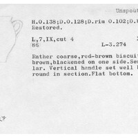 Index card with typed and handwritten information, sometimes including a sketch, of pottery from an excavation.