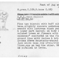 Index card with typed and handwritten information, sometimes including a sketch, of pottery from an excavation.