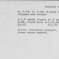 Index card with typed and handwritten information, sometimes including a sketch, of pottery from an excavation.