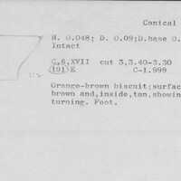 Index card with typed and handwritten information, sometimes including a sketch, of pottery from an excavation.